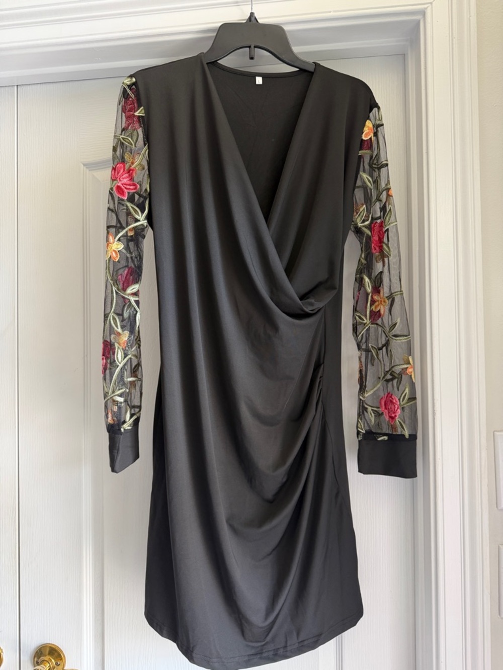 Black Draped Dress with Embroidered Floral Sheer Sleeves